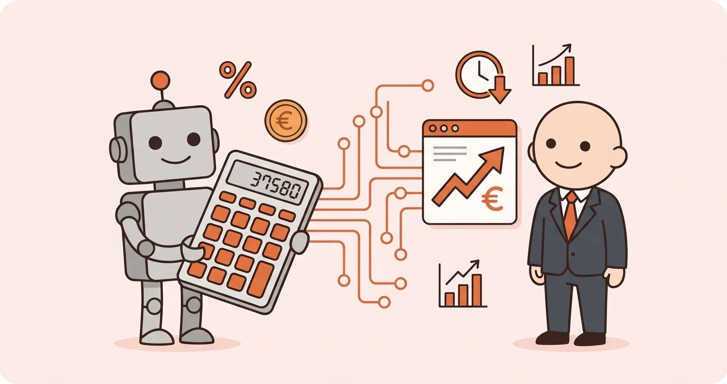 DI ROI skaičiuoklė — robotas su skaičiuotuvu ir verslo rezultatų grafikai